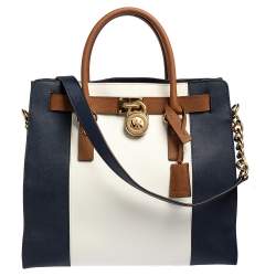 Pre Owned MICHAEL Michael Kors Blue/White Leather Large Hamilton North South Tote