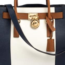 Pre Owned MICHAEL Michael Kors Blue/White Leather Large Hamilton North South Tote