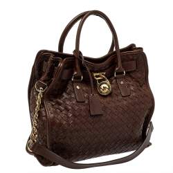 Pre Owned حقيبة مايكل مايكل كورس هاميلتون نورث ساوث جلد بني داكن مغزول كبيرة