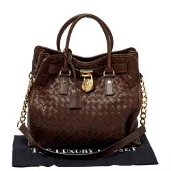 Pre Owned حقيبة مايكل مايكل كورس هاميلتون نورث ساوث جلد بني داكن مغزول كبيرة