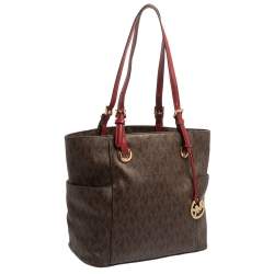 Pre Owned MICHAEL Michael Kors Brown/Red Signature Coated Canvas and Leather Jet Set Tote