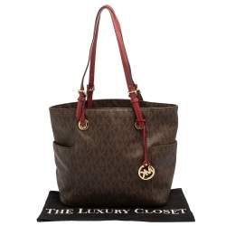 Pre Owned MICHAEL Michael Kors Brown/Red Signature Coated Canvas and Leather Jet Set Tote