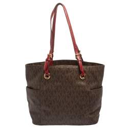 Pre Owned MICHAEL Michael Kors Brown/Red Signature Coated Canvas and Leather Jet Set Tote