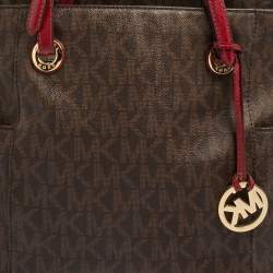 Pre Owned MICHAEL Michael Kors Brown/Red Signature Coated Canvas and Leather Jet Set Tote