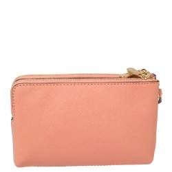 Pre Owned MICHAEL Michael Kors Pink Saffiano Leather Jet Set Double Gusset Wristlet Clutch
