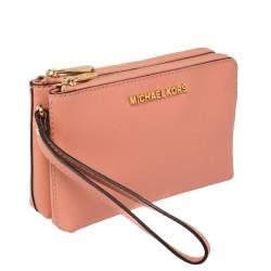 Pre Owned MICHAEL Michael Kors Pink Saffiano Leather Jet Set Double Gusset Wristlet Clutch