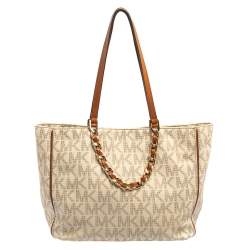 مملوكة مسبقًا MICHAEL Michael Kors Cream Monogram Coated Canvas Double Handle Tote