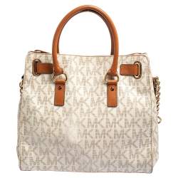 Pre Owned حقيبة يد مايكل مايكل كور س هاميلتون نورث ساوث جلد وكانفاس مقوى أبيض بالشعار كبيرة