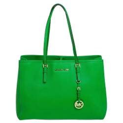 Pre Owned MICHAEL Michael Kors Green Saffiano Leather Large Jet Set Travel Tote