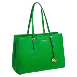 Pre Owned MICHAEL Michael Kors Green Saffiano Leather Large Jet Set Travel Tote