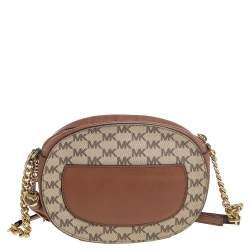 Pre Owned MICHAEL Michael Kors Beige/Tan Signature Coated Canvas and Leather Jet Set Crossbody Bag