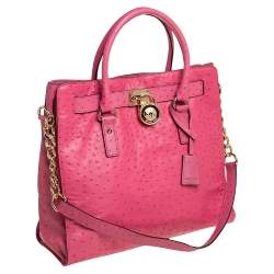 Pre Owned MICHAEL Michael Kors Pink Ostrich Embossed Leather Large Hamilton North South Tote