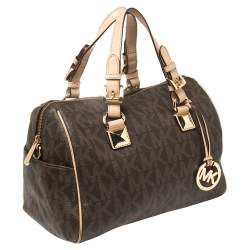 Pre Owned حقيبة مايكل مايكل كروس جرايسون بوسطن جلد وكانفاس مقوي بالشعار بني/بيج
