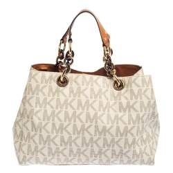 Pre Owned MICHAEL Michael Kors White Signature Coated Canvas Medium Cynthia Tote