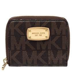  Michael Kors Brown Signature Coated Canvas Zip Around Compact Wallet