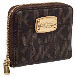  Michael Kors Brown Signature Coated Canvas Zip Around Compact Wallet