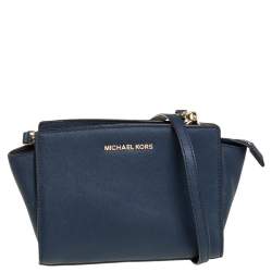 Michael Kors Hamilton Medium Satchel Shoulder Bag Navy Blue Pebbled Leather  