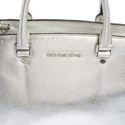 Pre Owned MICHAEL Michael Kors Metallic Silver Leather Medium Selma Satchel