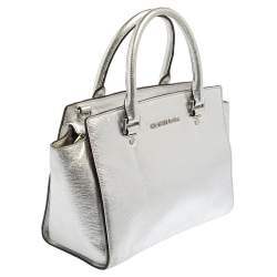 Pre Owned MICHAEL Michael Kors Metallic Silver Leather Medium Selma Satchel