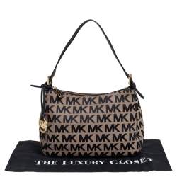 Pre Owned MICHAEL Michael Kors Beige/Black Signature Canvas and Leather Baguette