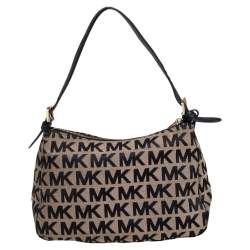 Pre Owned MICHAEL Michael Kors Beige/Black Signature Canvas and Leather Baguette