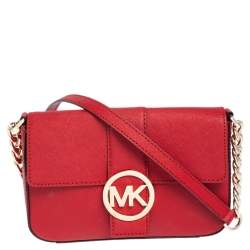مملوكة مسبقًا MICHAEL Michael Kors Red Leather Logo Flap Crossbody Bag