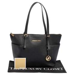Pre Owned MICHAEL Michael Kors Black Leather Medium Jet Set Top Zip Tote