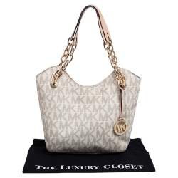 Pre Owned MICHAEL Michael Kors White/Beige Signature Coated Canvas and Leather Lilly Tote