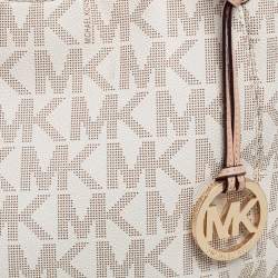 Pre Owned MICHAEL Michael Kors White/Beige Signature Coated Canvas and Leather Lilly Tote