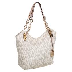 Pre Owned MICHAEL Michael Kors White/Beige Signature Coated Canvas and Leather Lilly Tote