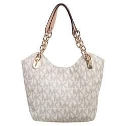 Pre Owned MICHAEL Michael Kors White/Beige Signature Coated Canvas and Leather Lilly Tote