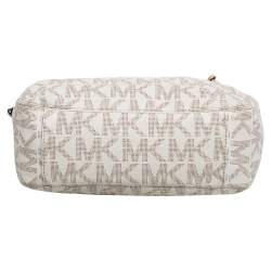 Pre Owned MICHAEL Michael Kors White/Beige Signature Coated Canvas and Leather Lilly Tote