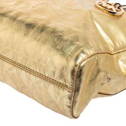 Pre Owned MICHAEL Michael Kors Gold Signature Mirrored Leather North South Tote