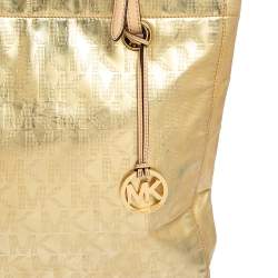 Pre Owned MICHAEL Michael Kors Gold Signature Mirrored Leather North South Tote