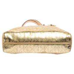 Pre Owned MICHAEL Michael Kors Gold Signature Mirrored Leather North South Tote