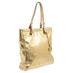 Pre Owned MICHAEL Michael Kors Gold Signature Mirrored Leather North South Tote