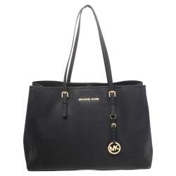 Pre Owned MICHAEL Michael Kors Black Saffiano Leather Medium Jet Set Travel Tote