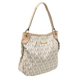 مملوكة مسبقًا حقيبة هوبو مايكل مايكل كورس حيت سيت جلد وكانفاس مقوى بالشعار بيج/أبيض