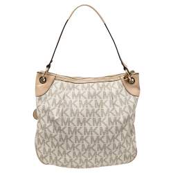 مملوكة مسبقًا حقيبة هوبو مايكل مايكل كورس حيت سيت جلد وكانفاس مقوى بالشعار بيج/أبيض