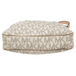 مملوكة مسبقًا حقيبة هوبو مايكل مايكل كورس حيت سيت جلد وكانفاس مقوى بالشعار بيج/أبيض