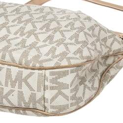 مم لوكة مسبقًا حقيبة هوبو مايكل مايكل كورس حيت سيت جلد وكانفاس مقوى بالشعار بيج/أبيض