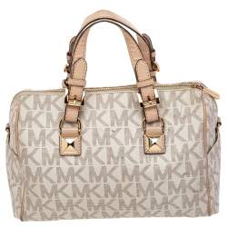 Pre Owned MICHAEL Michael Kors White/Beige Coated Canvas And Leather Grayson Satchel