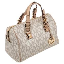 Pre Owned MICHAEL Michael Kors White/Beige Coated Canvas And Leather Grayson Satchel