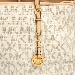 مملوكة مسبقًا MICHAEL Michael Kors White Signature Coated Canvas And Leather Large Jet Set Tote