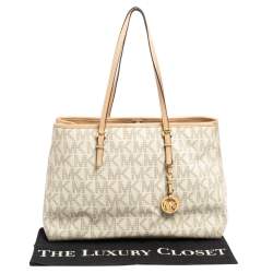مملوكة مسبقًا MICHAEL Michael Kors White Signature Coated Canvas And Leather Large Jet Set Tote