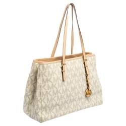 مملوكة مسبقًا MICHAEL Michael Kors White Signature Coated Canvas And Leather Large Jet Set Tote