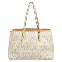 مملوكة مسبقًا MICHAEL Michael Kors White Signature Coated Canvas And Leather Large Jet Set Tote