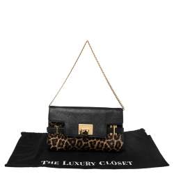 Pre Owned MICHAEL Michael Kors Brown/Black Leopard Print Calf Hair and Leather Chain Clutch