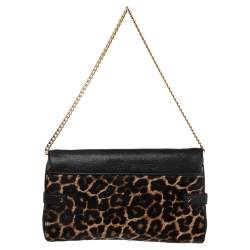 Pre Owned MICHAEL Michael Kors Brown/Black Leopard Print Calf Hair and Leather Chain Clutch