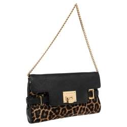 Pre Owned MICHAEL Michael Kors Brown/Black Leopard Print Calf Hair and Leather Chain Clutch